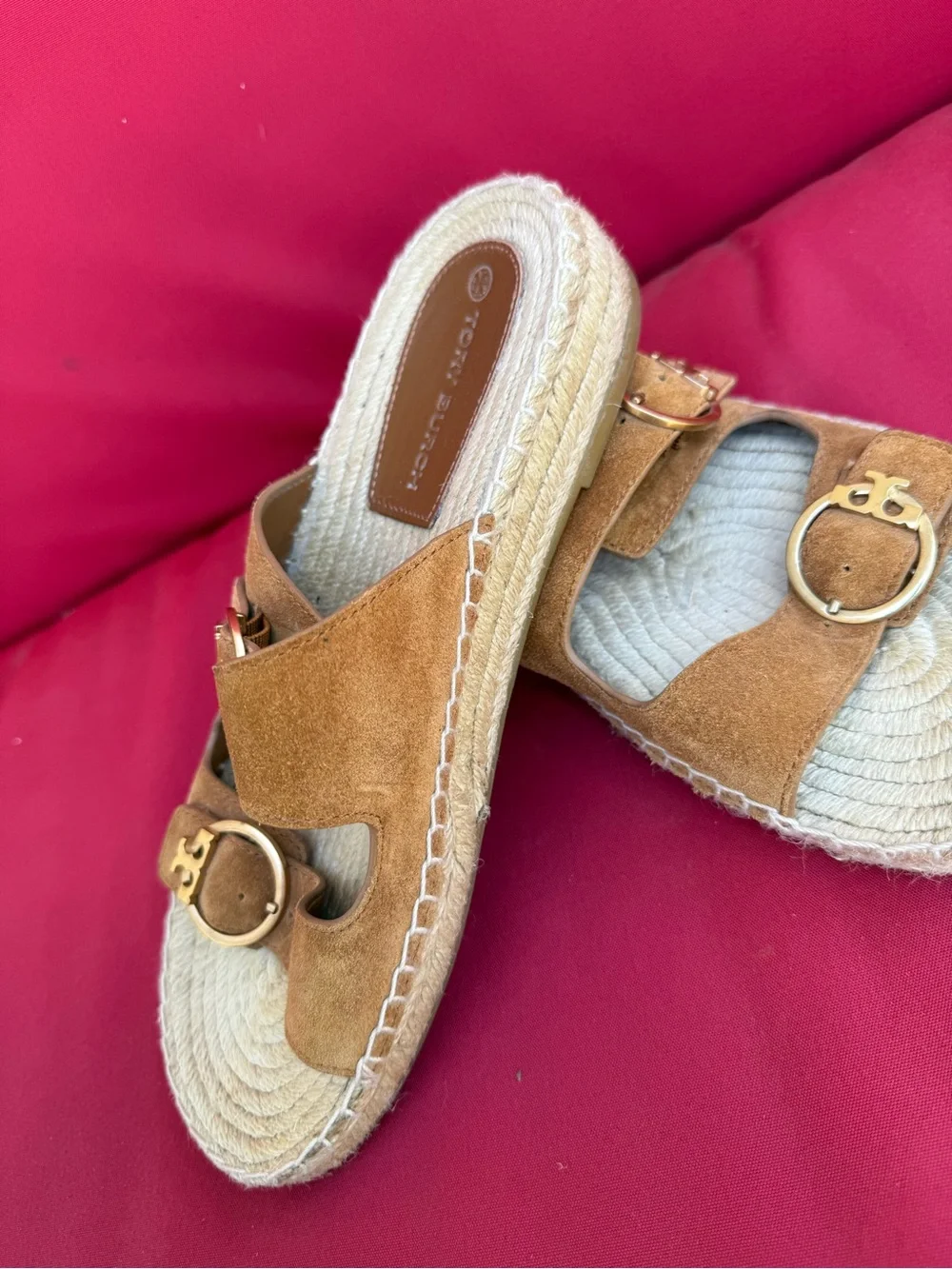 Tory Burch Tan Suede Double-Buckle Espadrille Slide Sandal